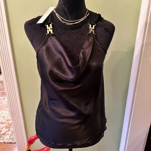 Nicole Miller New York Black Silky Blouse Top w/Gold Buckle Accents Size S (NWT)